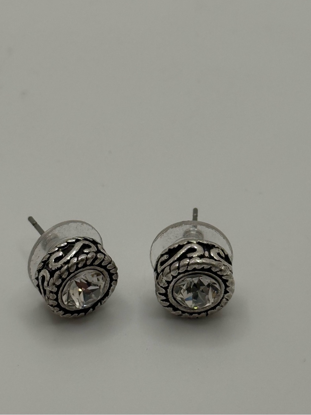 Vintage Silver Tone Clear Rhinestone Stud Earrings Scroll Design Boho Retro 80s